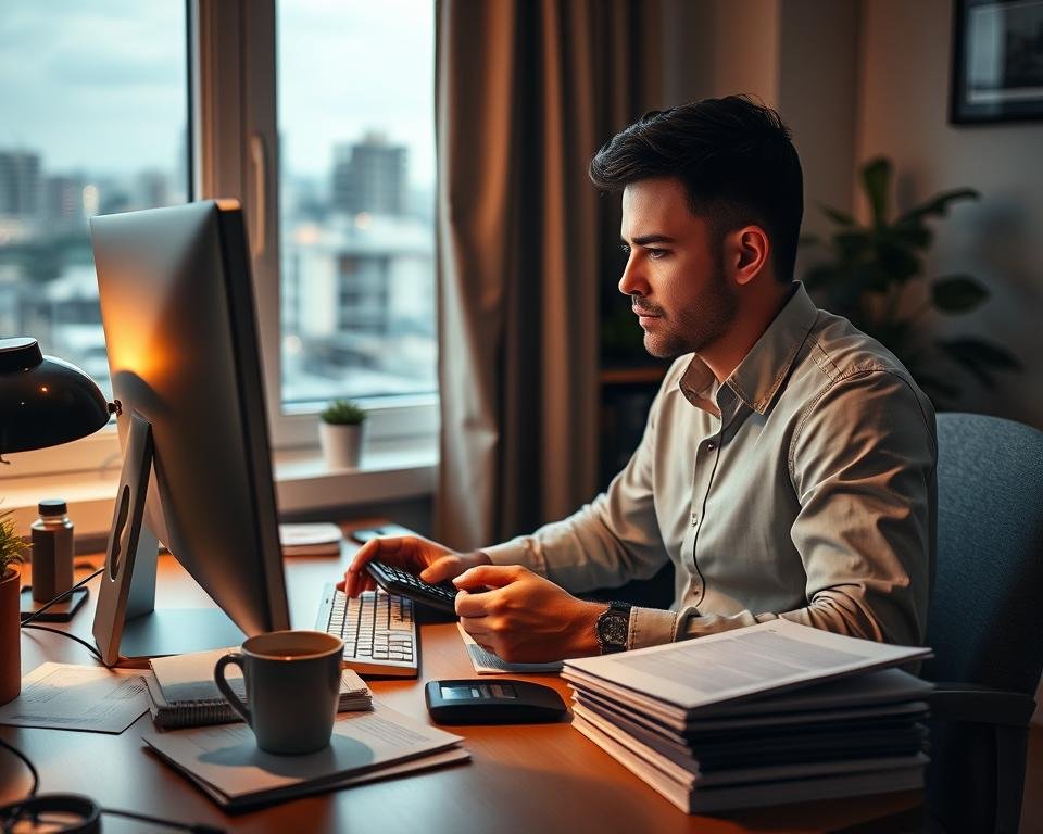A home office with a desktop computer, stacks of tax documents, and a calculator. The user is seated at the desk, intently focused on the screen, with a determined expression. Soft, warm lighting illuminates the scene, creating a cozy, productive atmosphere. The window in the background offers a glimpse of a cityscape, suggesting the image takes place in an urban setting. The desk is organized, with a cup of coffee and a few office supplies, reflecting the user's diligence. The overall composition conveys the idea of a taxpayer meticulously preparing their crypto-related tax information using a calculator and digital resources. A home office with a desktop computer, stacks of tax documents, and a calculator. The user is seated at the desk, intently focused on the screen, with a determined expression. Soft, warm lighting illuminates the scene, creating a cozy, productive atmosphere. The window in the background offers a glimpse of a cityscape, suggesting the image takes place in an urban setting. The desk is organized, with a cup of coffee and a few office supplies, reflecting the user's diligence. The overall composition conveys the idea of a taxpayer meticulously preparing their crypto-related tax information using a calculator and digital resources.