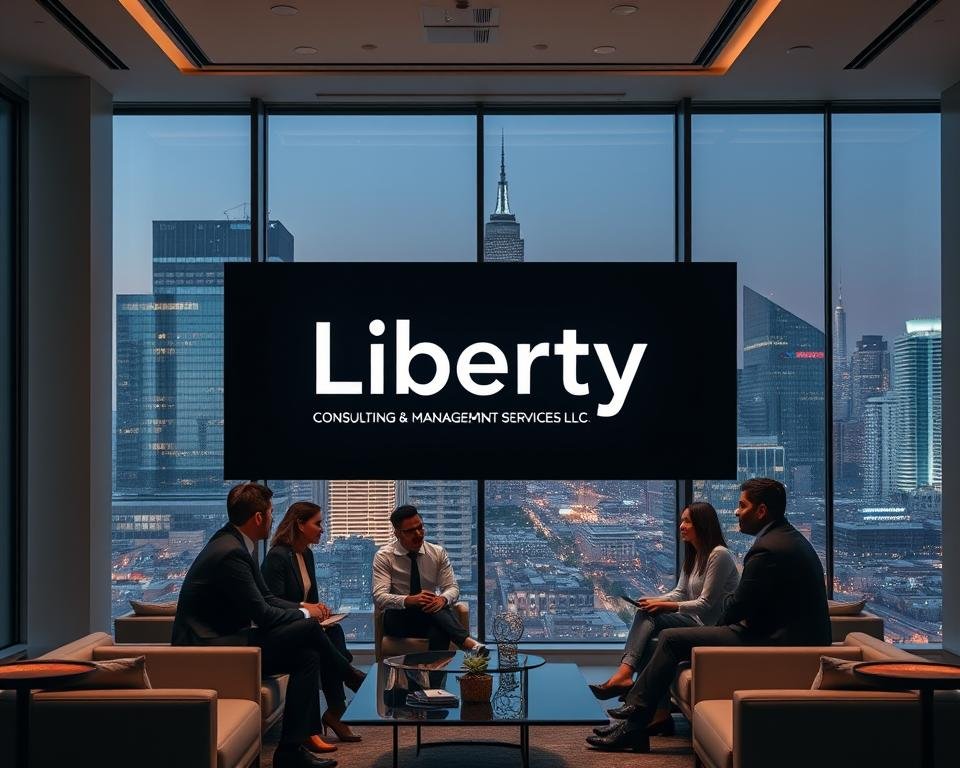 A modern, elegant office interior with large windows, sleek furniture, and sophisticated lighting. In the foreground, a group of business professionals engaged in a collaborative meeting, their expressions focused and determined. The middle ground features a prominent sign displaying the company name "Liberty Consulting & Management Services LLC" in a bold, minimalist font. The background showcases a cityscape view, with towering skyscrapers and a vibrant, bustling atmosphere, conveying a sense of dynamic progress and transformation. The overall scene exudes a professional, forward-thinking ambiance, highlighting the company's expertise in business transformation. A modern, elegant office interior with large windows, sleek furniture, and sophisticated lighting. In the foreground, a group of business professionals engaged in a collaborative meeting, their expressions focused and determined. The middle ground features a prominent sign displaying the company name "Liberty Consulting & Management Services LLC" in a bold, minimalist font. The background showcases a cityscape view, with towering skyscrapers and a vibrant, bustling atmosphere, conveying a sense of dynamic progress and transformation. The overall scene exudes a professional, forward-thinking ambiance, highlighting the company's expertise in business transformation.